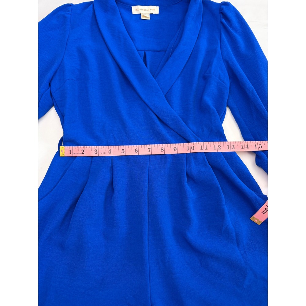 Monteau Los Angeles Royal Blue Wrap Front Romper 3/4 Puff Sleeve Small - Picture 10 of 15